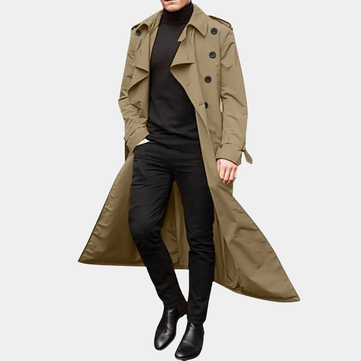 heren trenchcoat met ceintuur en dubbele rij knopen in kaki