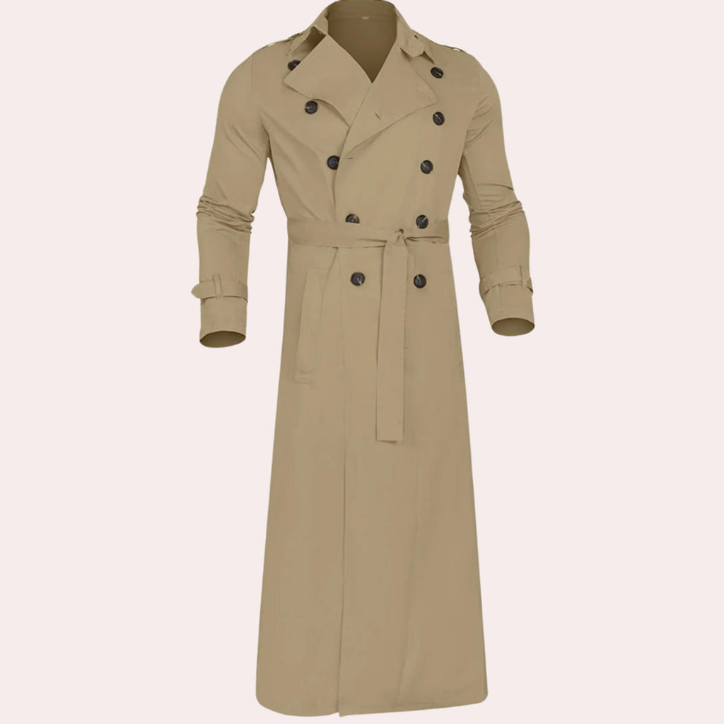 heren trenchcoat met ceintuur en dubbele rij knopen in kaki