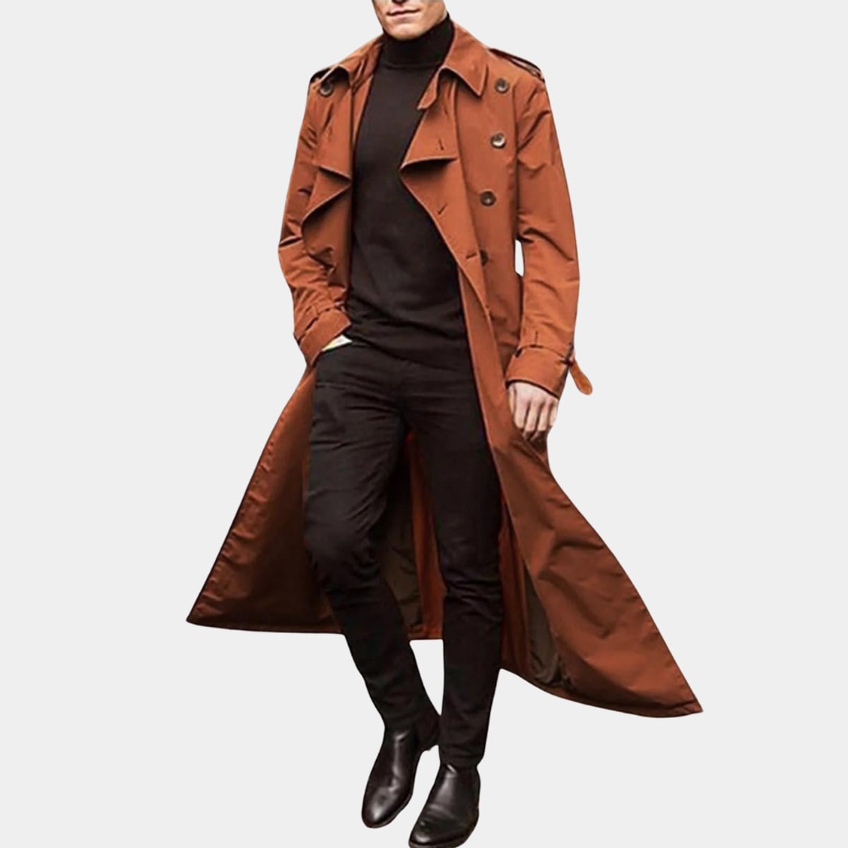 heren trenchcoat met ceintuur en dubbele rij knopen in oranje