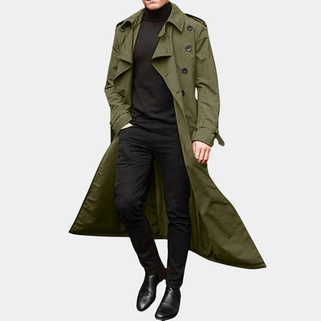heren trenchcoat met ceintuur en dubbele rij knopen in groen