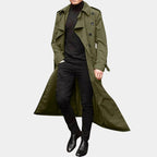 heren trenchcoat met ceintuur en dubbele rij knopen in groen