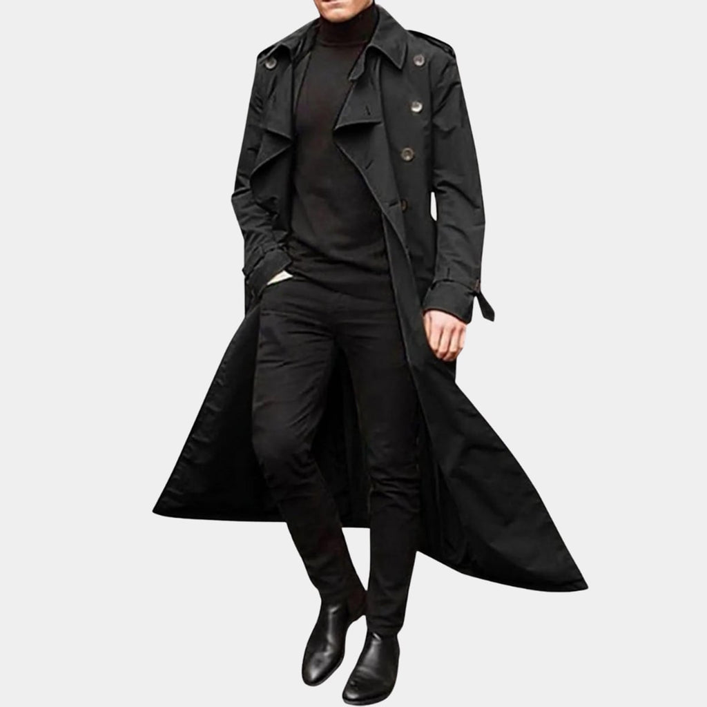 heren trenchcoat met ceintuur en dubbele rij knopen in zwart