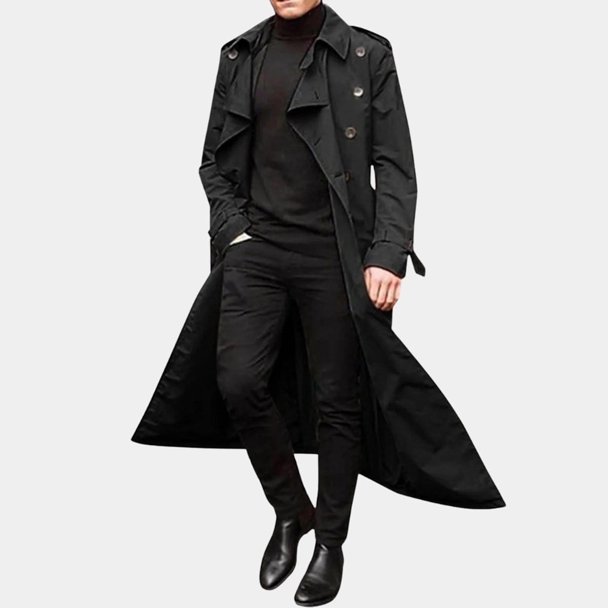 heren trenchcoat met ceintuur en dubbele rij knopen in zwart