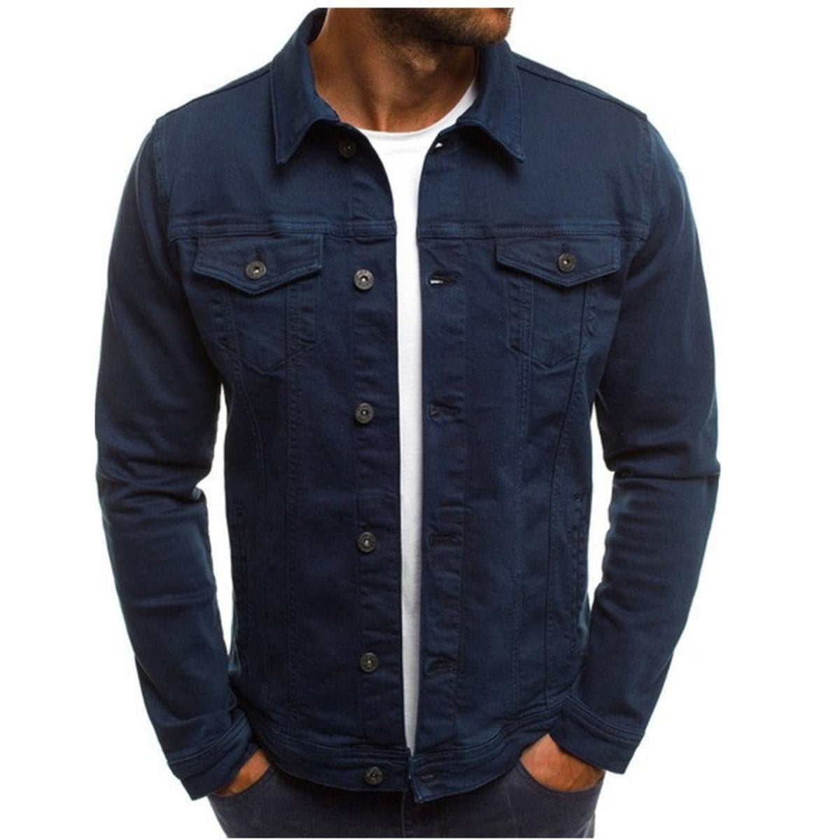 heren trucker jas met hemdkraag in donkerblauw