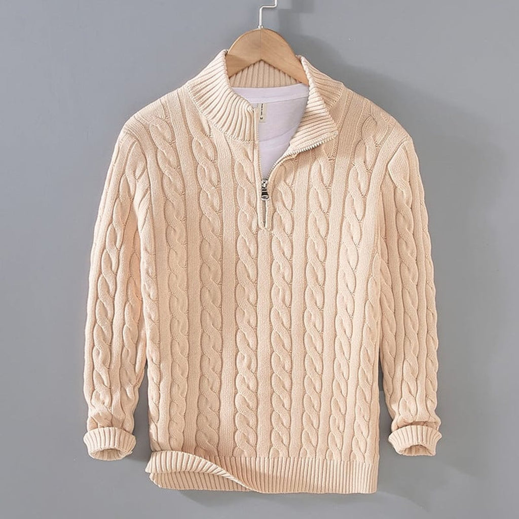 heren trui met rits en kabelpatroon in beige