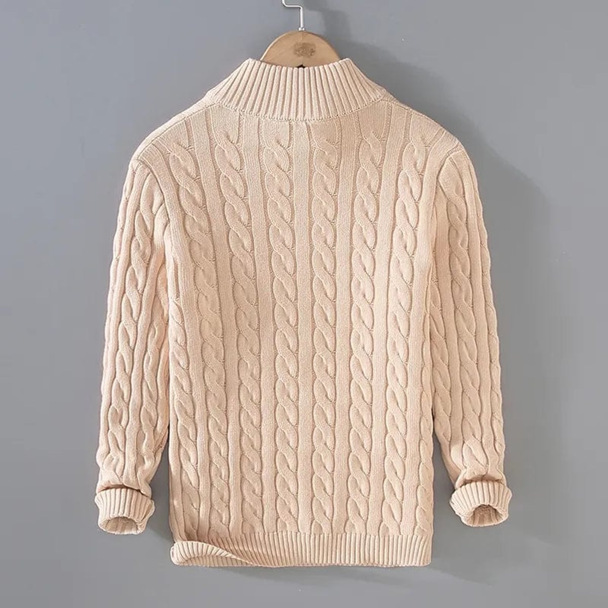 heren trui met rits en kabelpatroon in beige