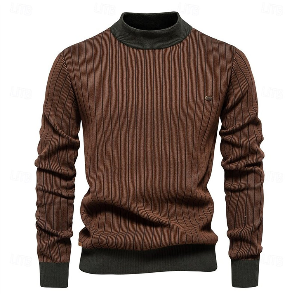 heren trui met schildpadkraag en verticale strepen in bruin