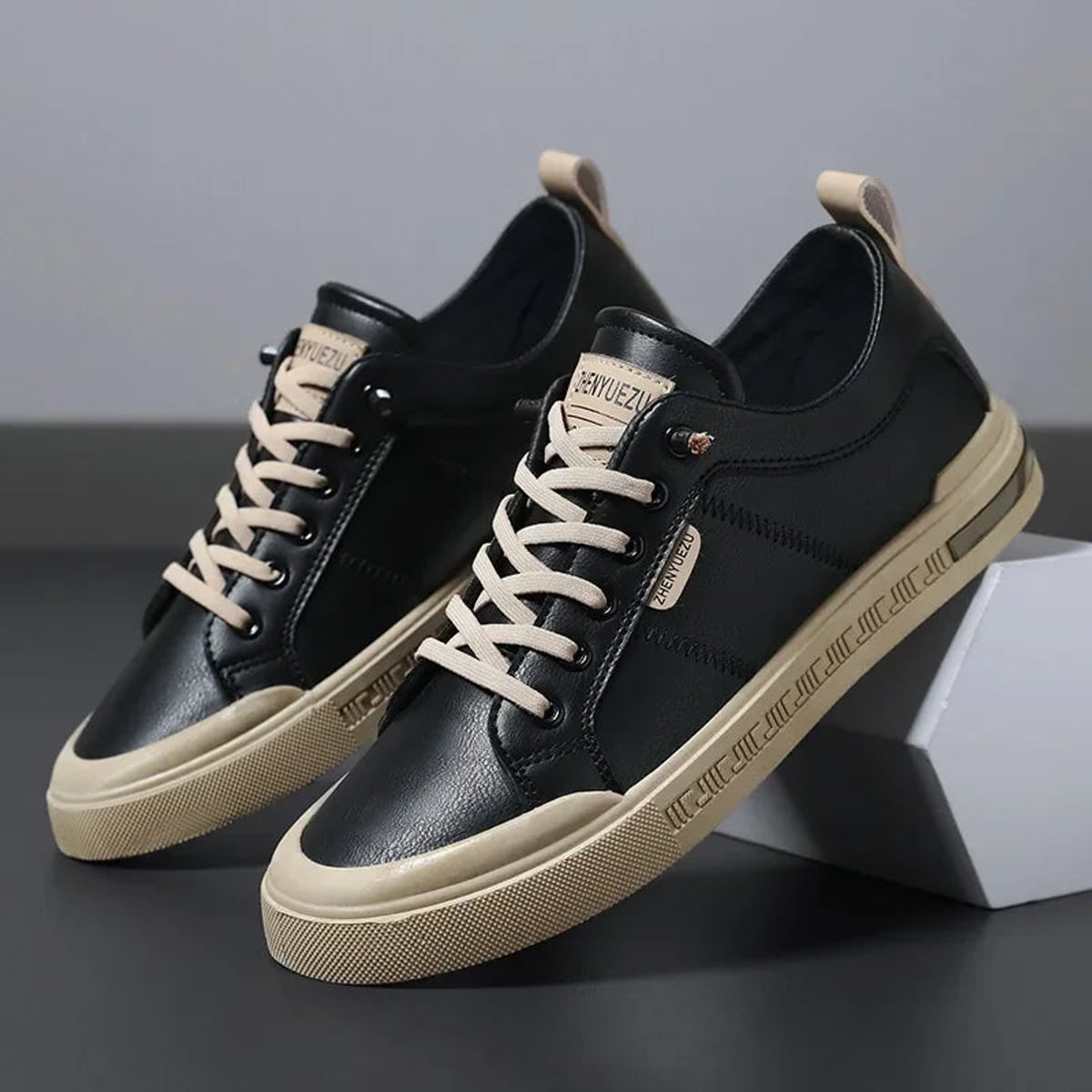 heren two-tone sneakers met lage top in zwart/beige