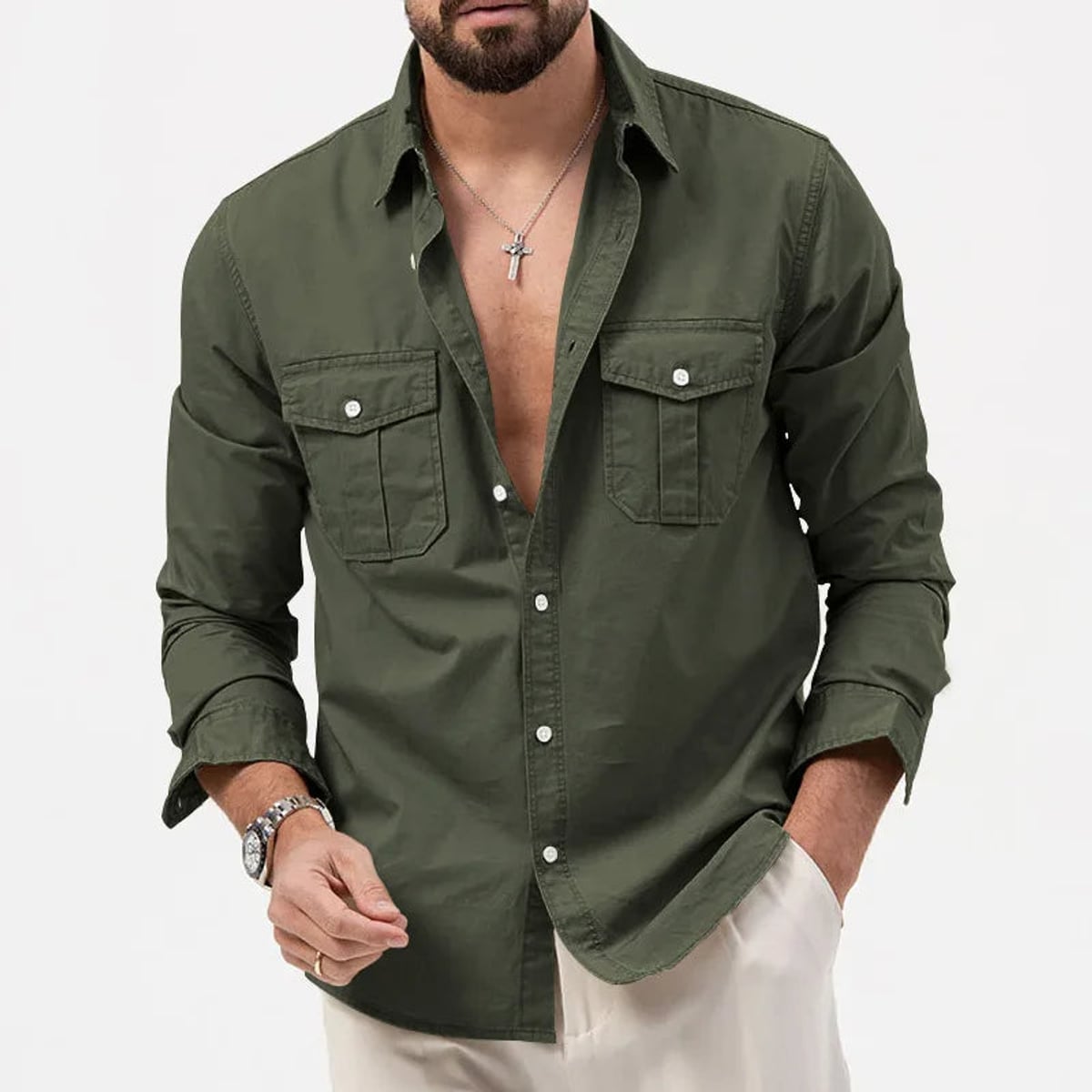 heren utility poloshirt met lange mouwen in donkergroen