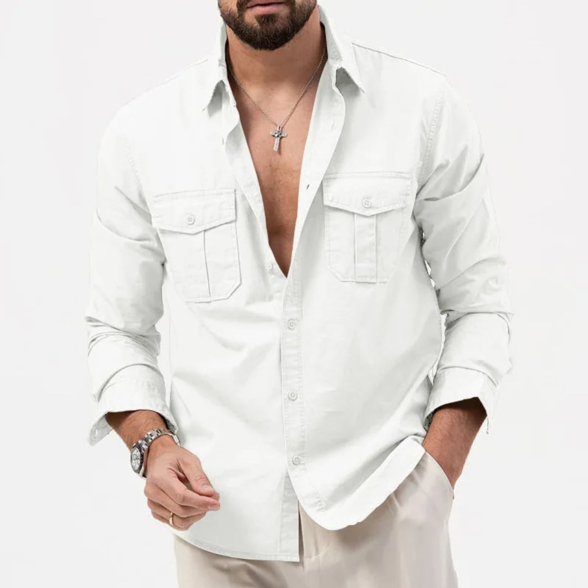 heren utility poloshirt met lange mouwen in wit