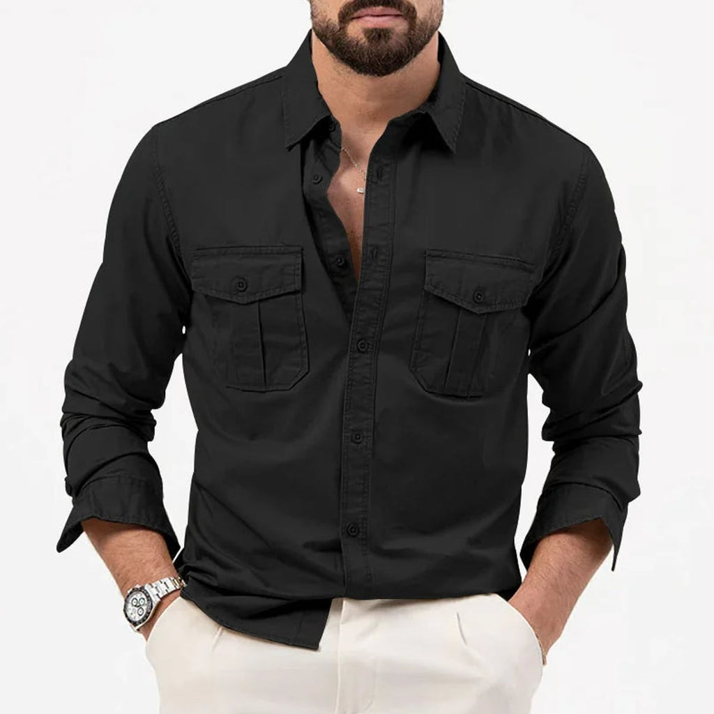 heren utility poloshirt met lange mouwen in zwart