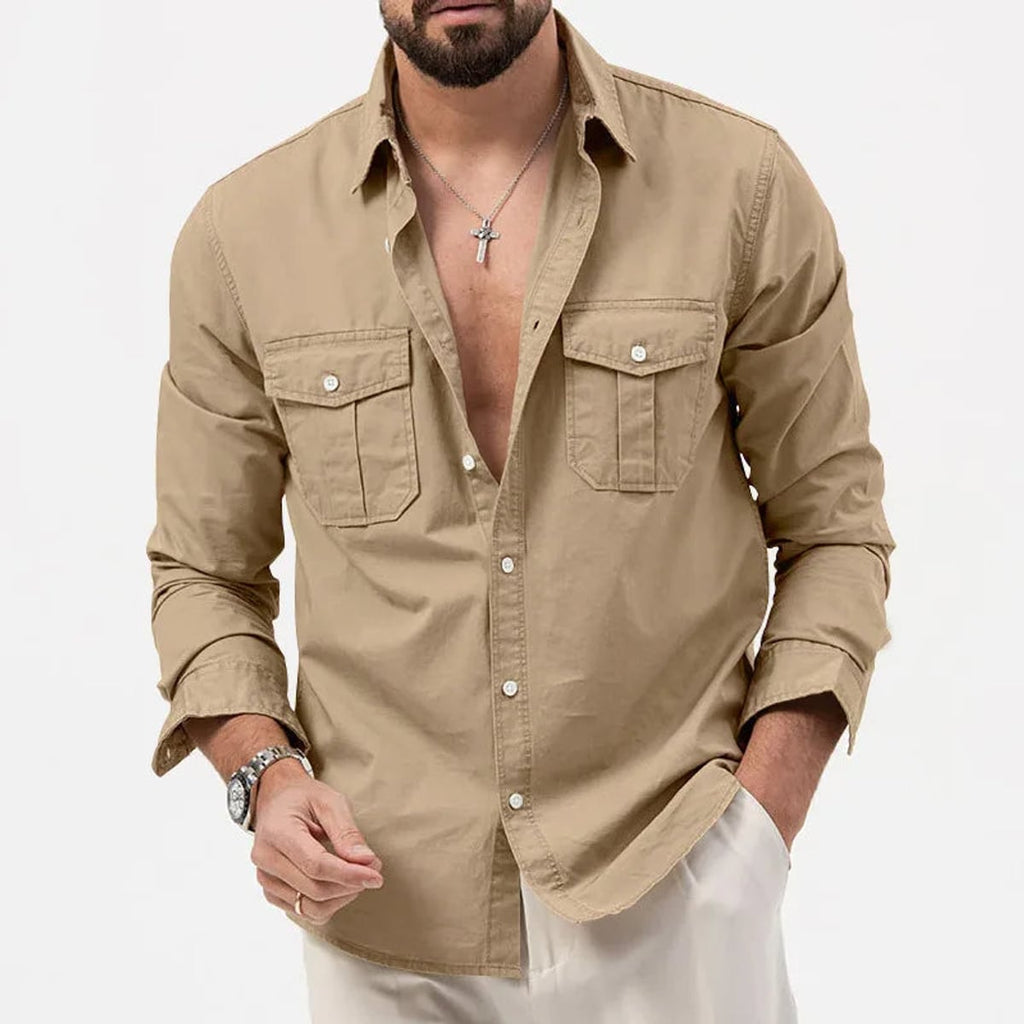 heren utility poloshirt met lange mouwen in khaki