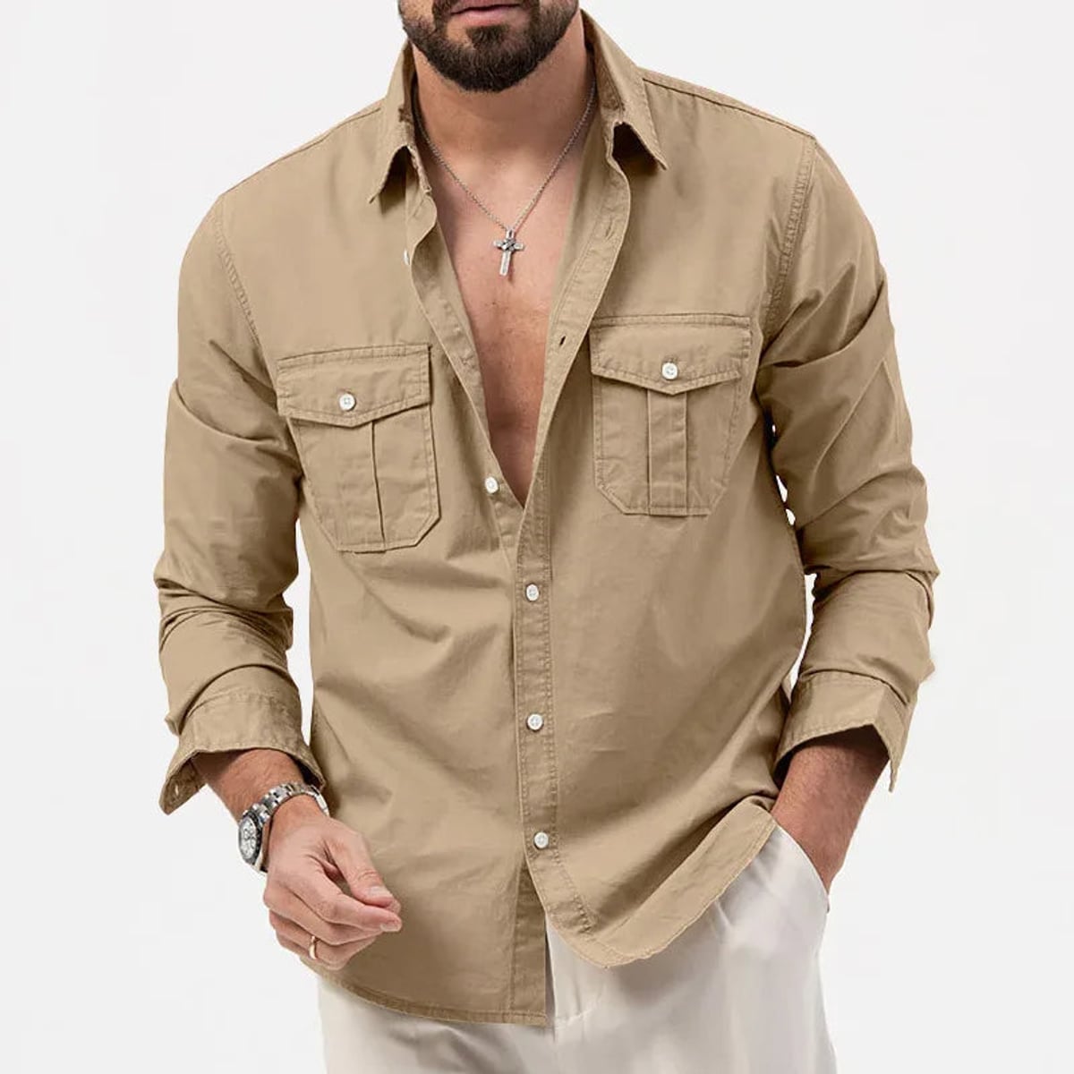 heren utility poloshirt met lange mouwen in khaki