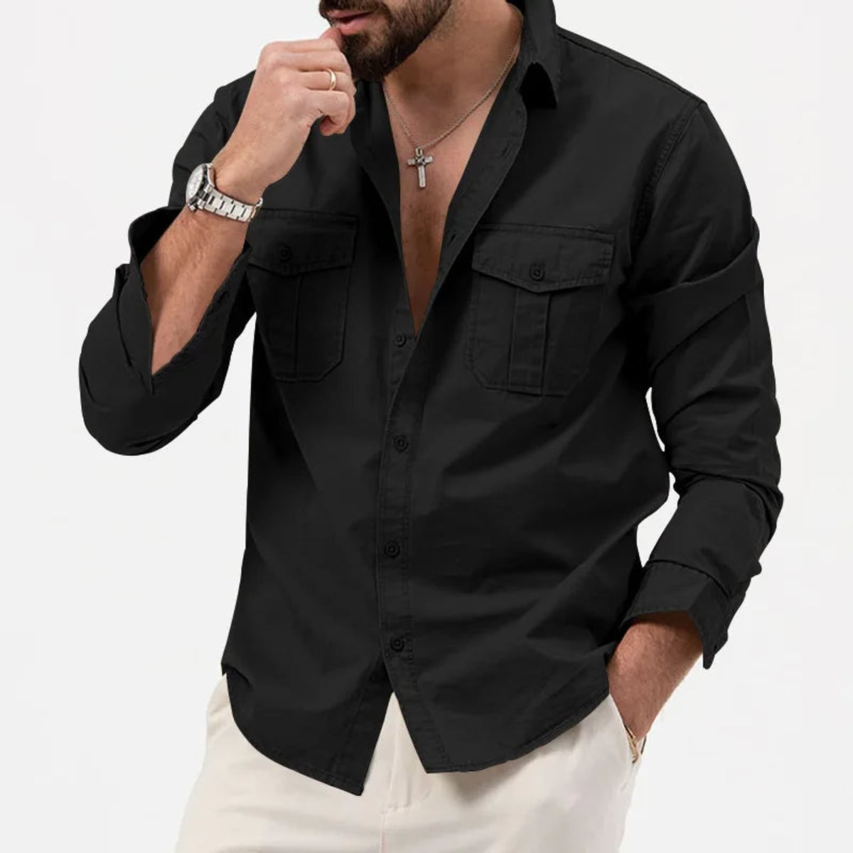 heren utility poloshirt met lange mouwen