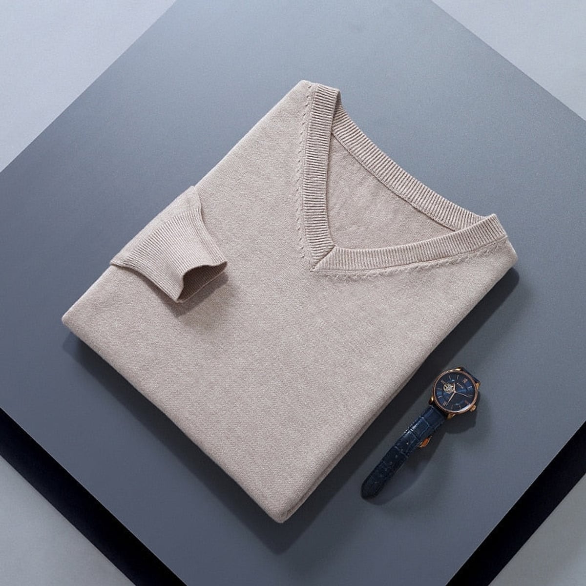 heren v-hals trui met rechte snit in camel