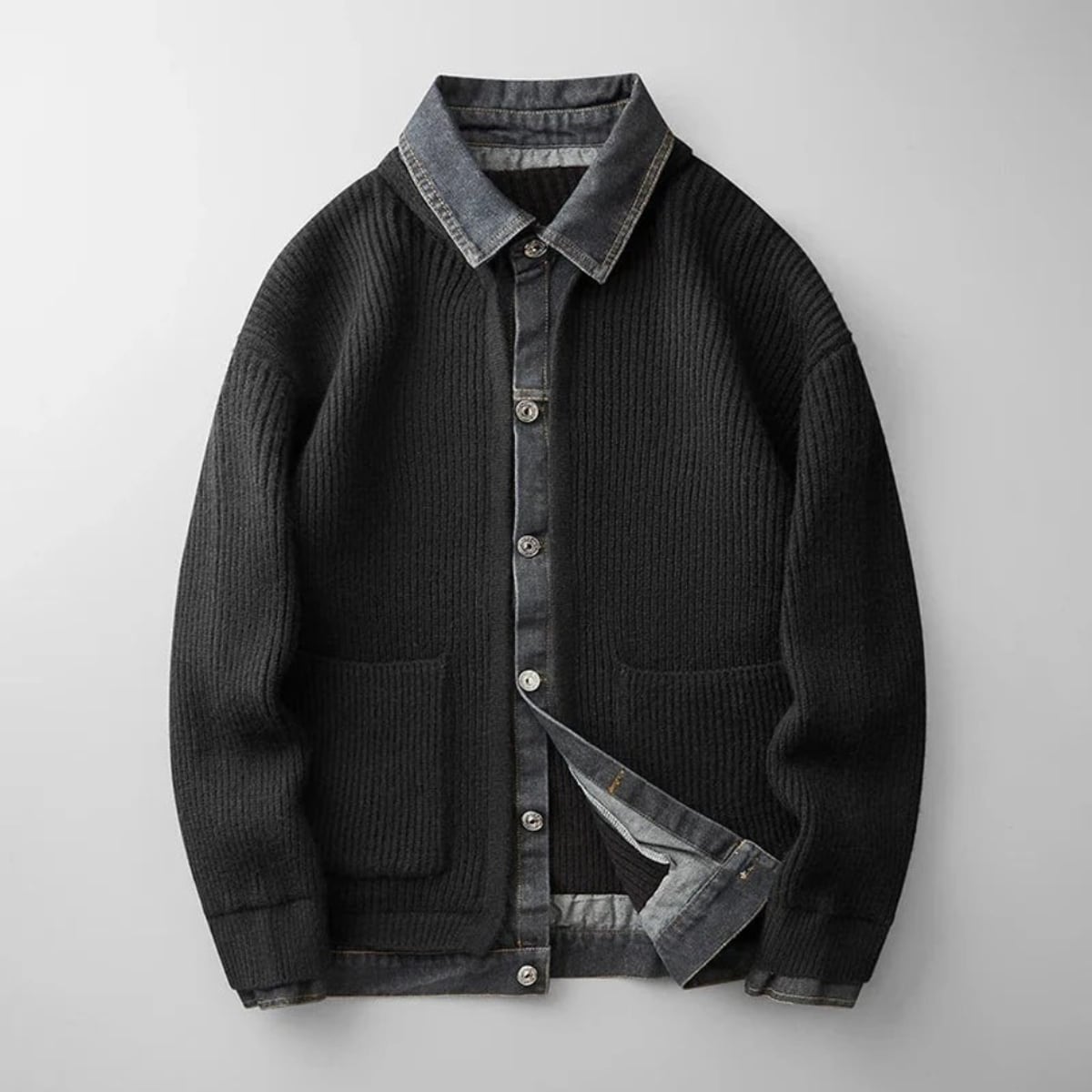 heren vest met knopen en denim kraag in zwart