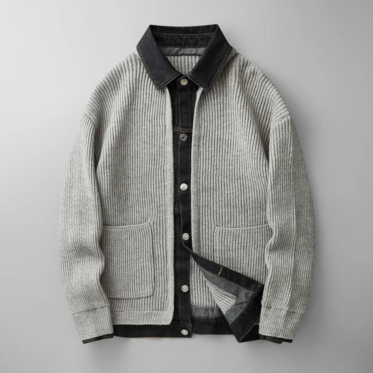 heren vest met knopen en denim kraag in grijs