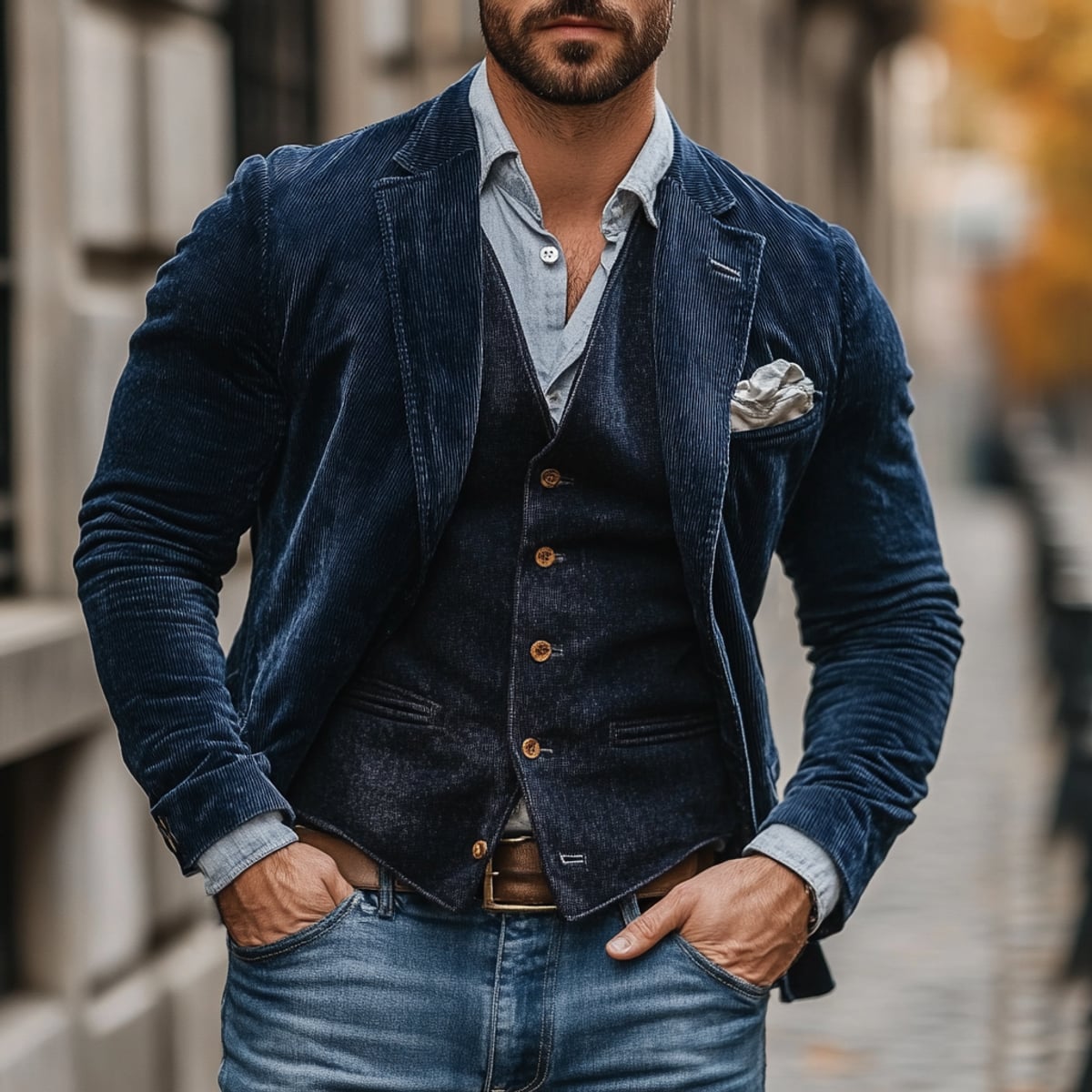 heren vintage blazer met bijpassende gilet in donkerblauw