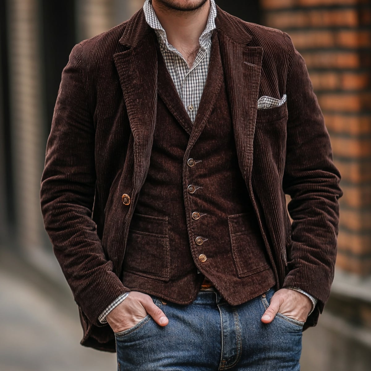 heren vintage blazer met bijpassende gilet in bruin