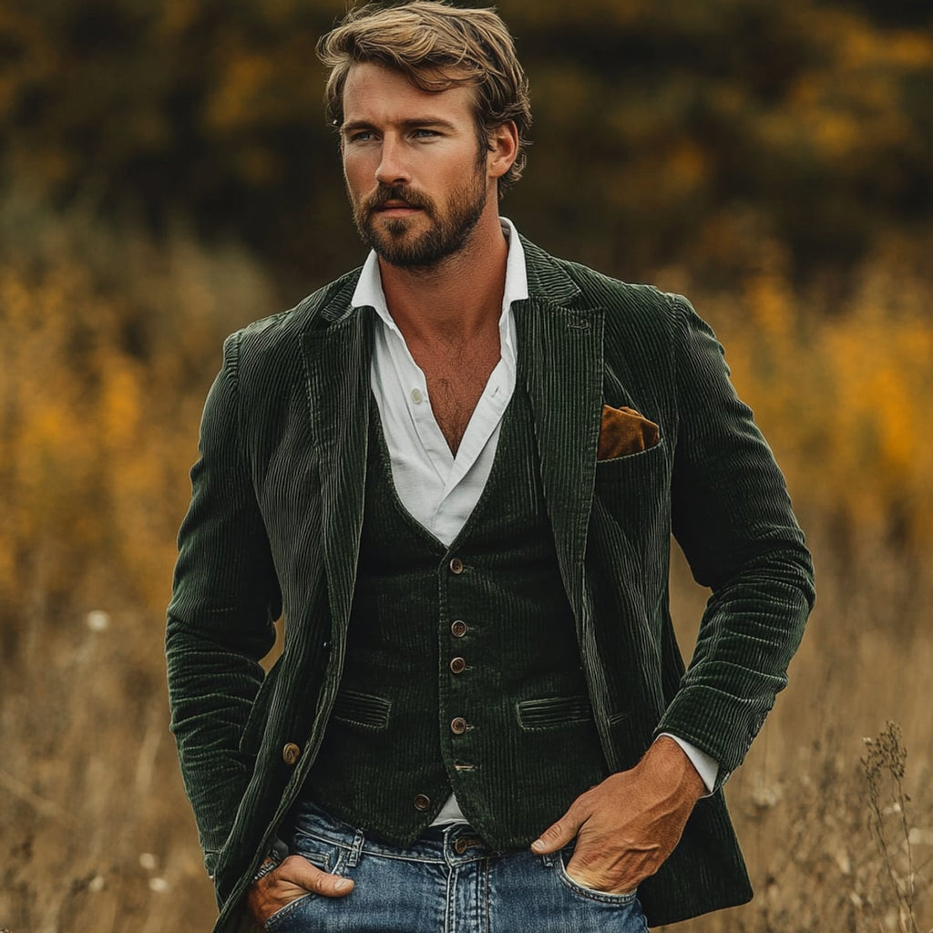 heren vintage blazer met bijpassende gilet in groen