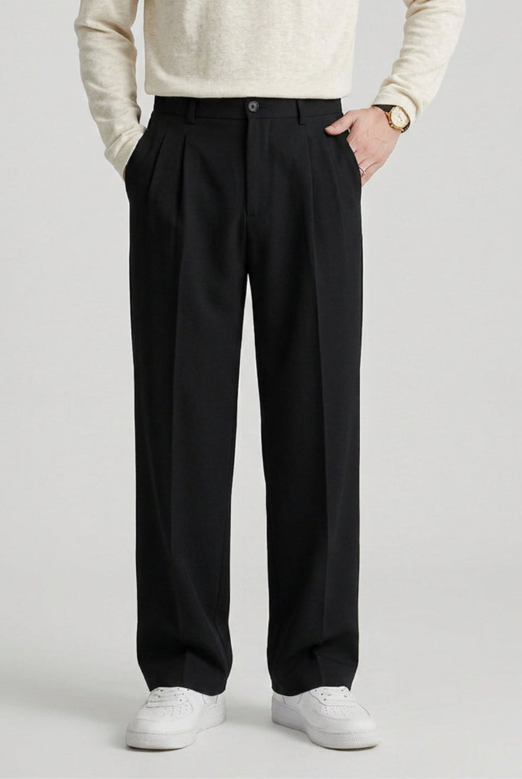 heren wijde broek met hoge taille en plooien in zwart
