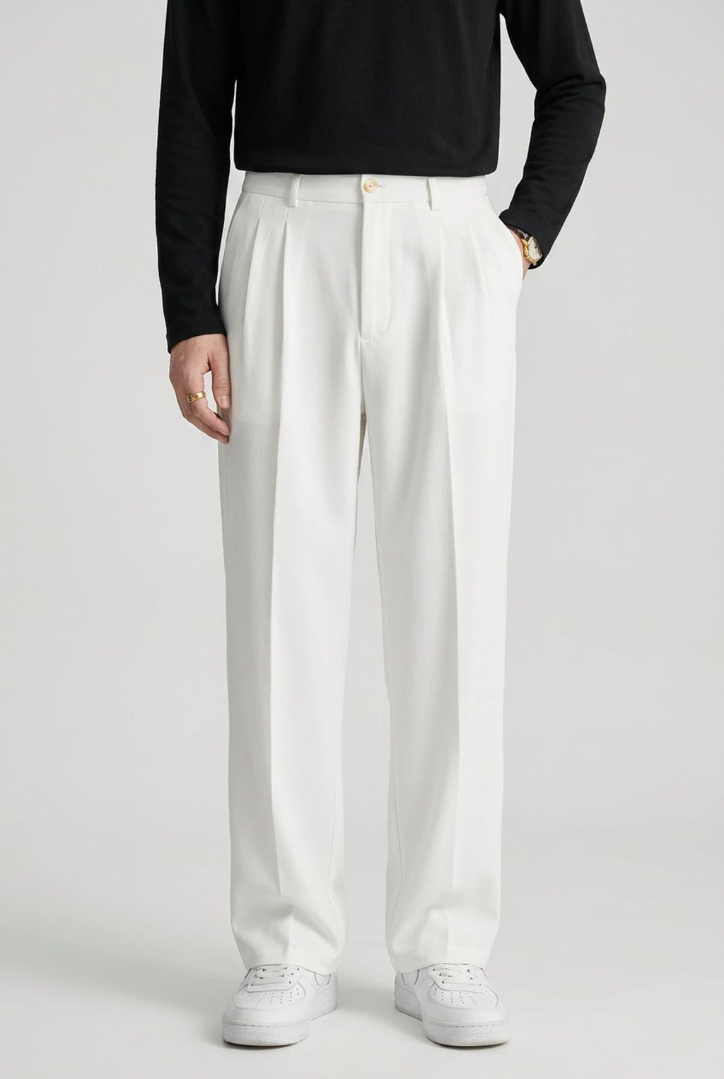heren wijde broek met hoge taille en plooien in wit