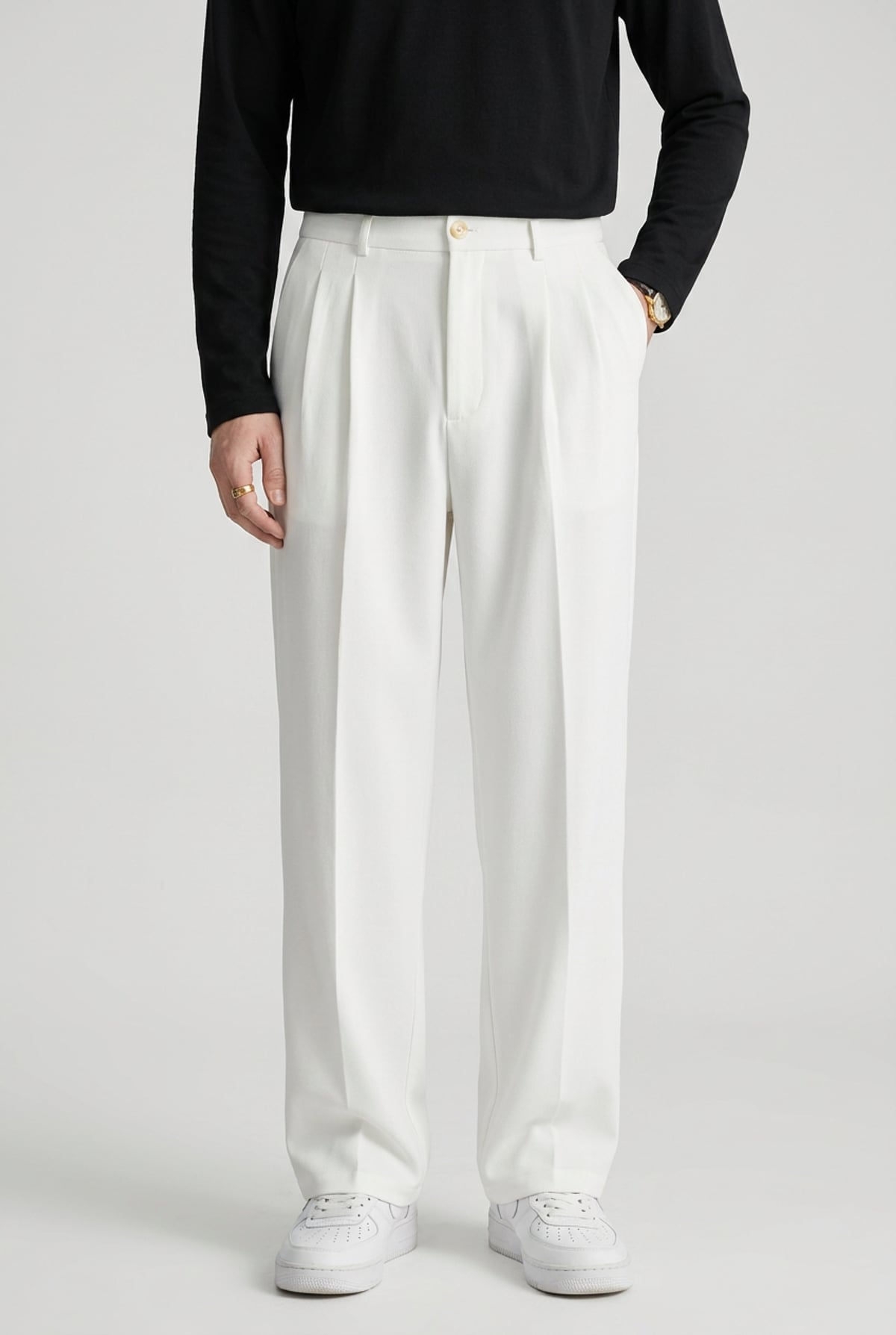 heren wijde broek met hoge taille en plooien in wit