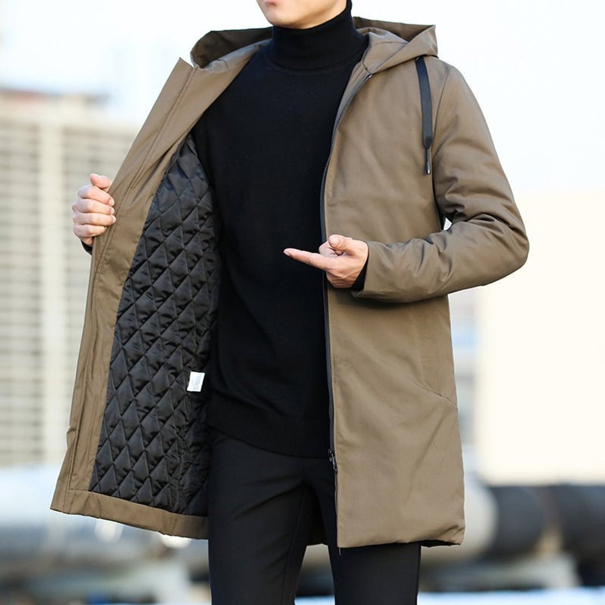 heren winterjas met capuchon rechte snit in khaki