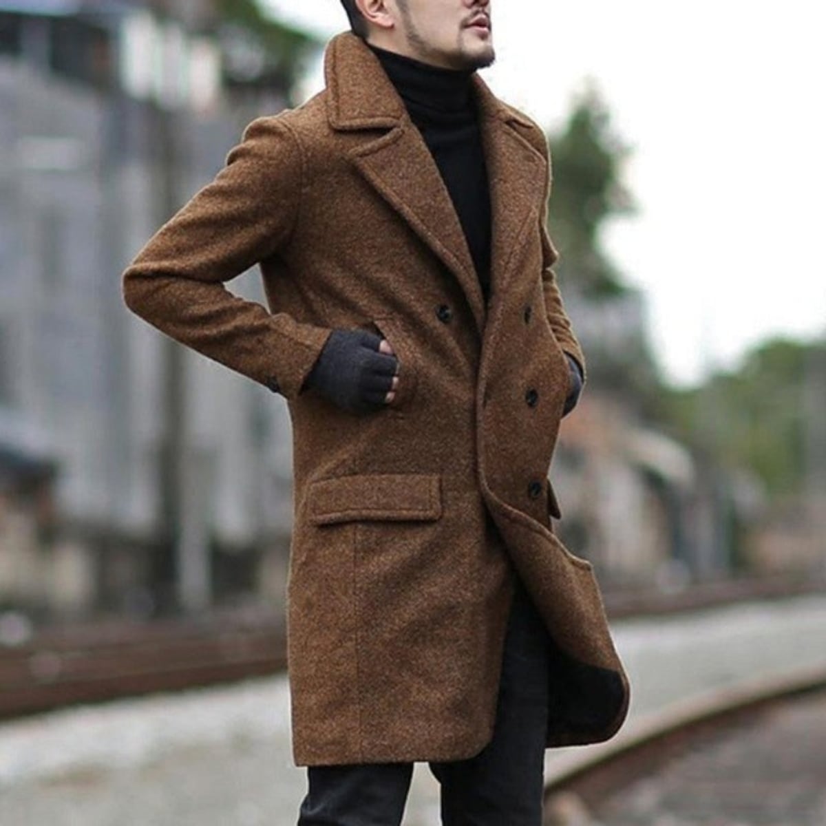 heren winterjas met dubbele knopenrij in bruin