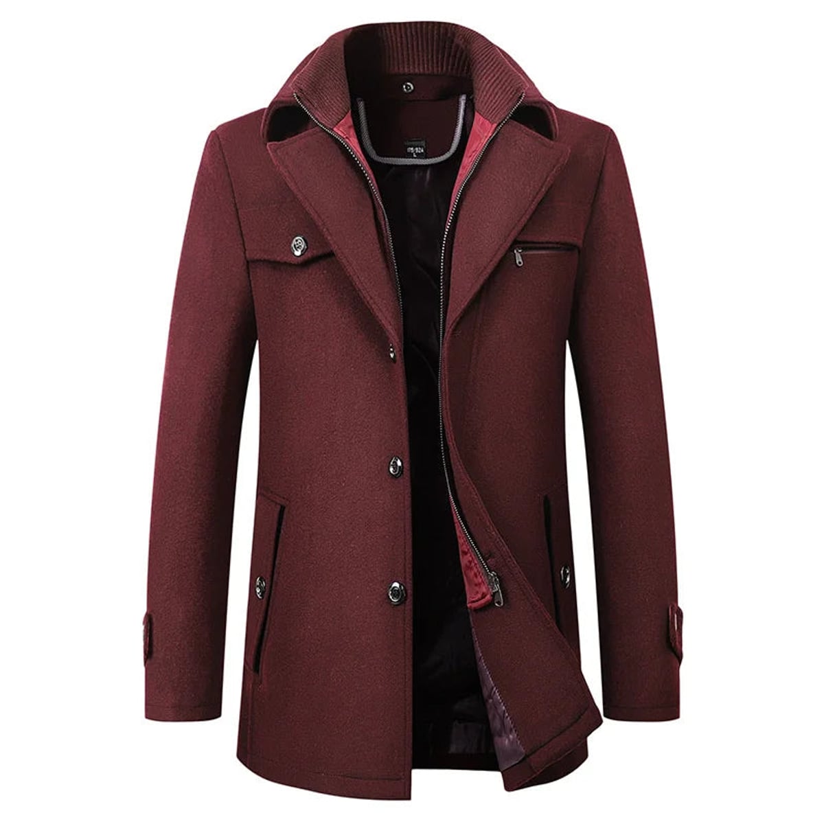 heren winterjas met dubbele kraag in rood
