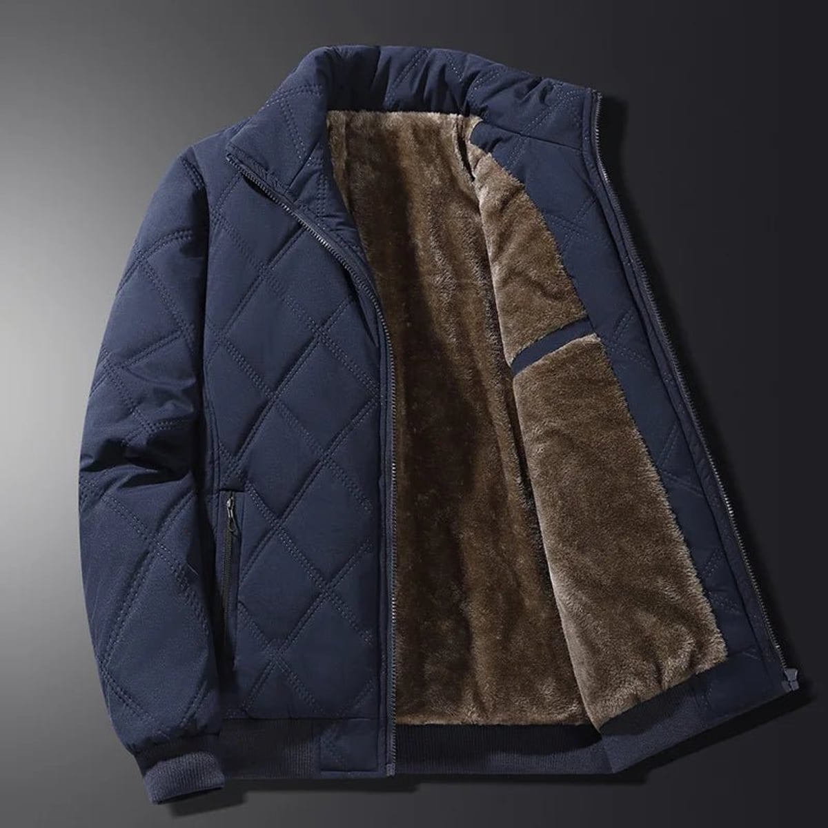 heren winterjas met ruitsteek en staande kraag in marineblauw