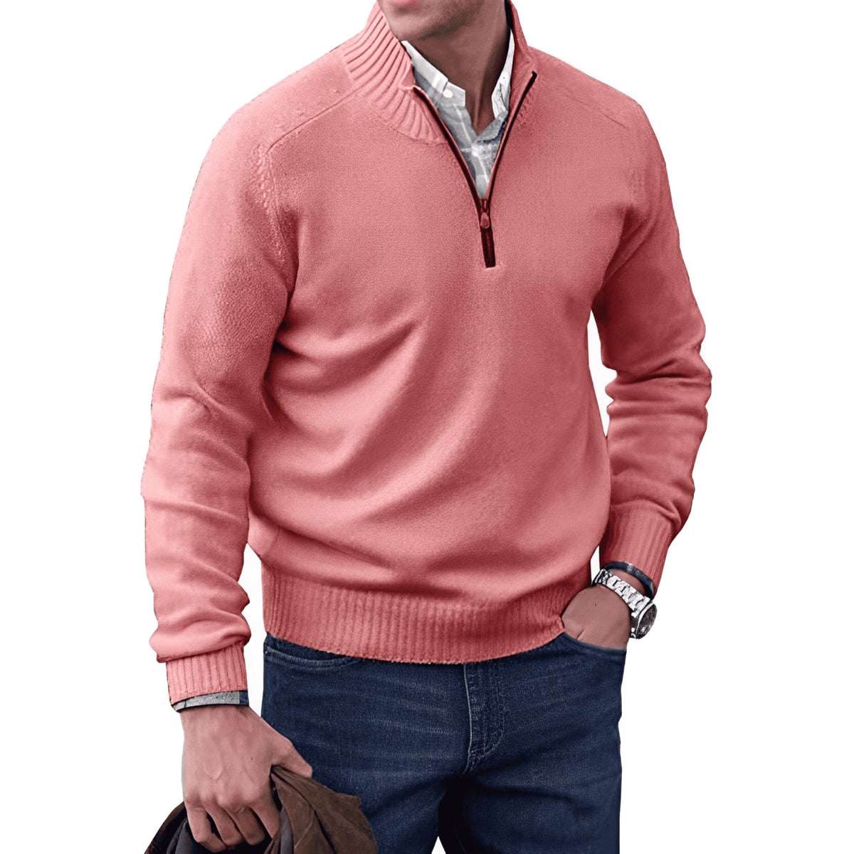 heren zip-up trui met opstaande kraag in roze