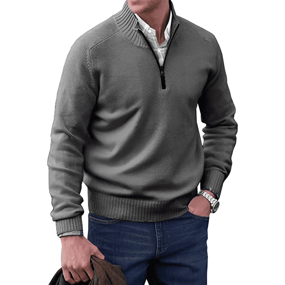 heren zip-up trui met opstaande kraag in donkergrijs