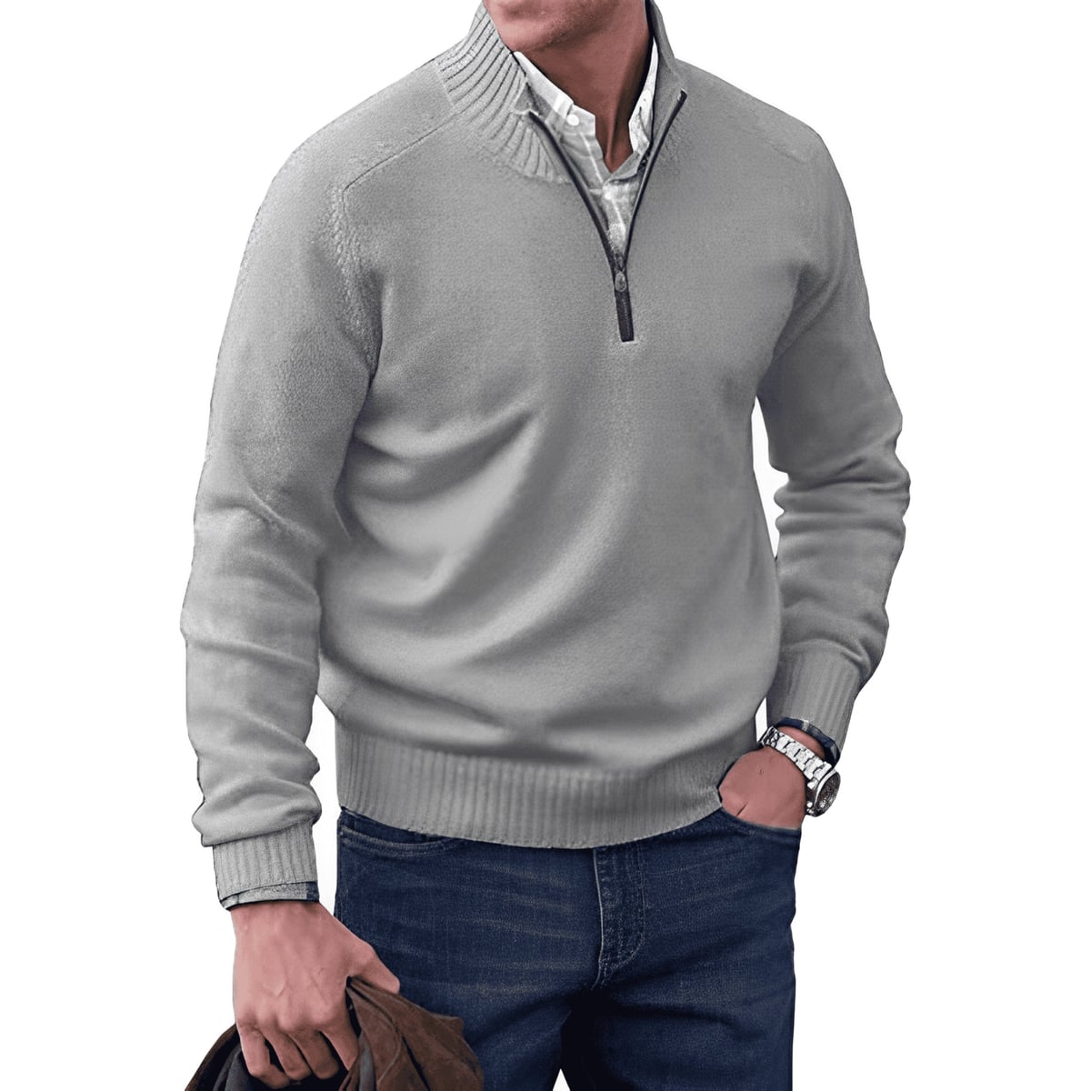 heren zip-up trui met opstaande kraag in lichtgrijs