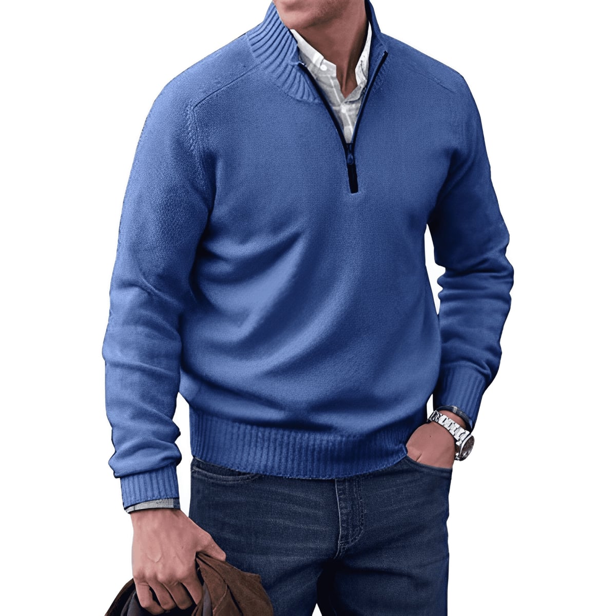 heren zip-up trui met opstaande kraag in blauw