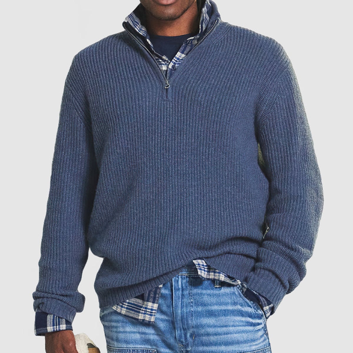 heren zip-up trui met v-hals in blauw