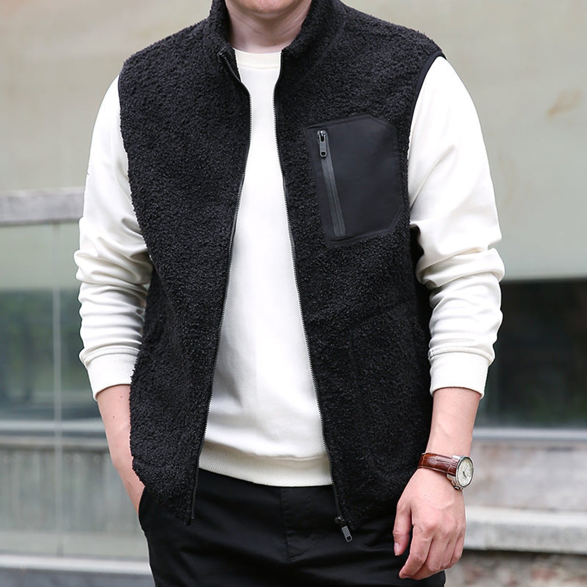 heren zip-up vest met afneembare kraag zwart