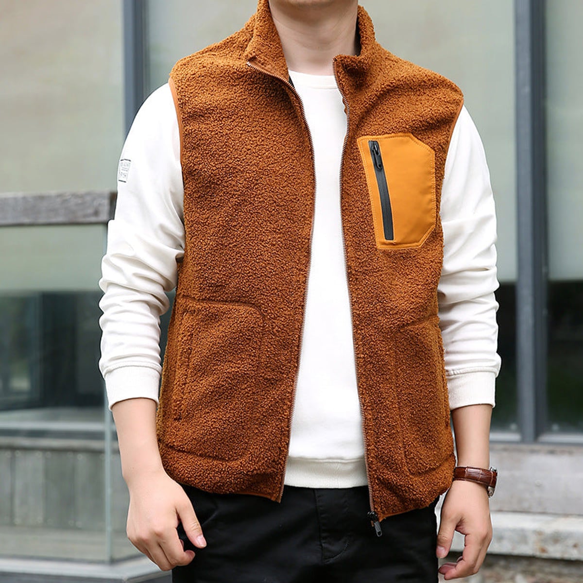heren zip-up vest met afneembare kraag Geel