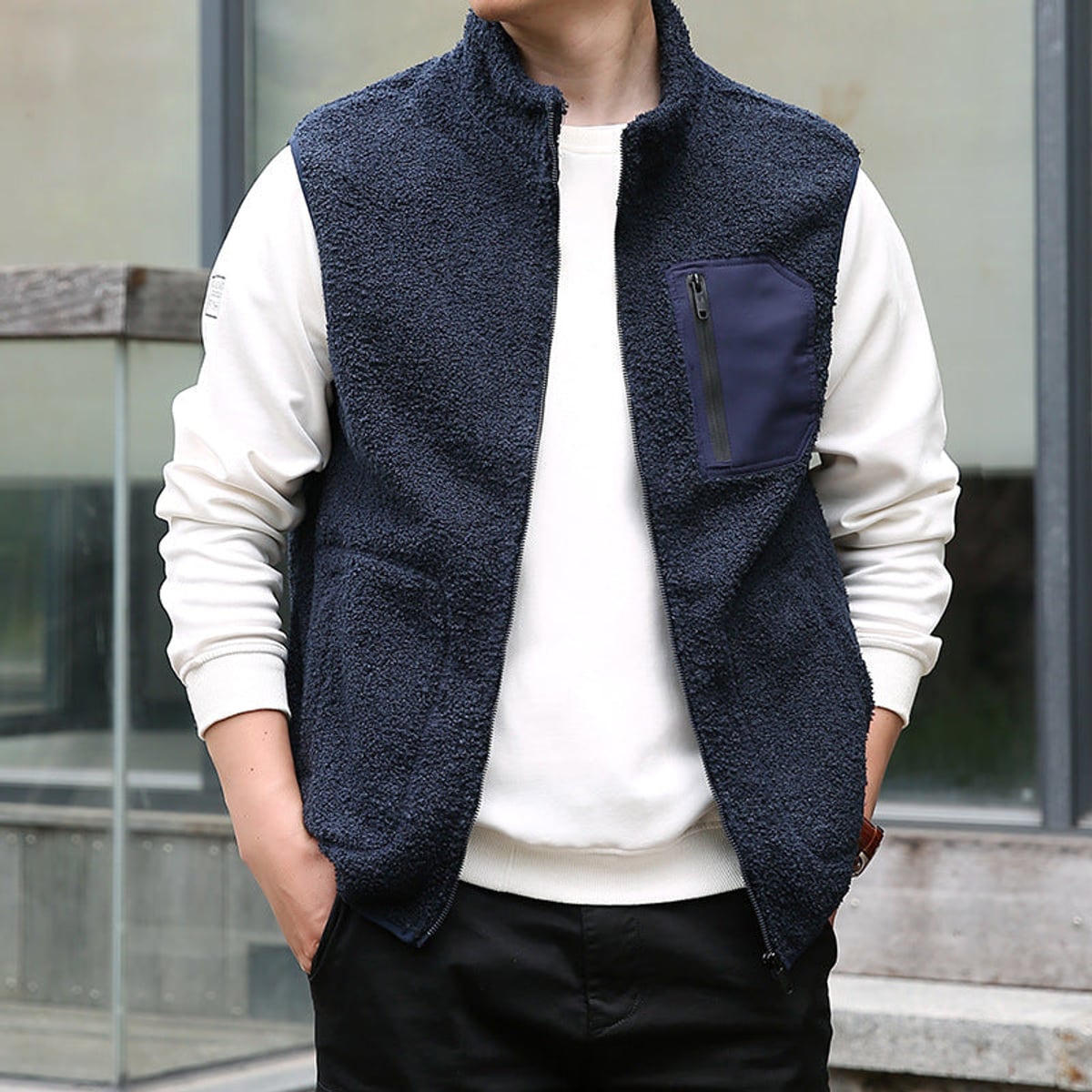 heren zip-up vest met afneembare kraag Donkerblauw