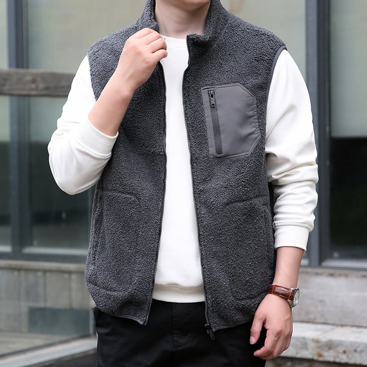 heren zip-up vest met afneembare kraag Donkergrijs