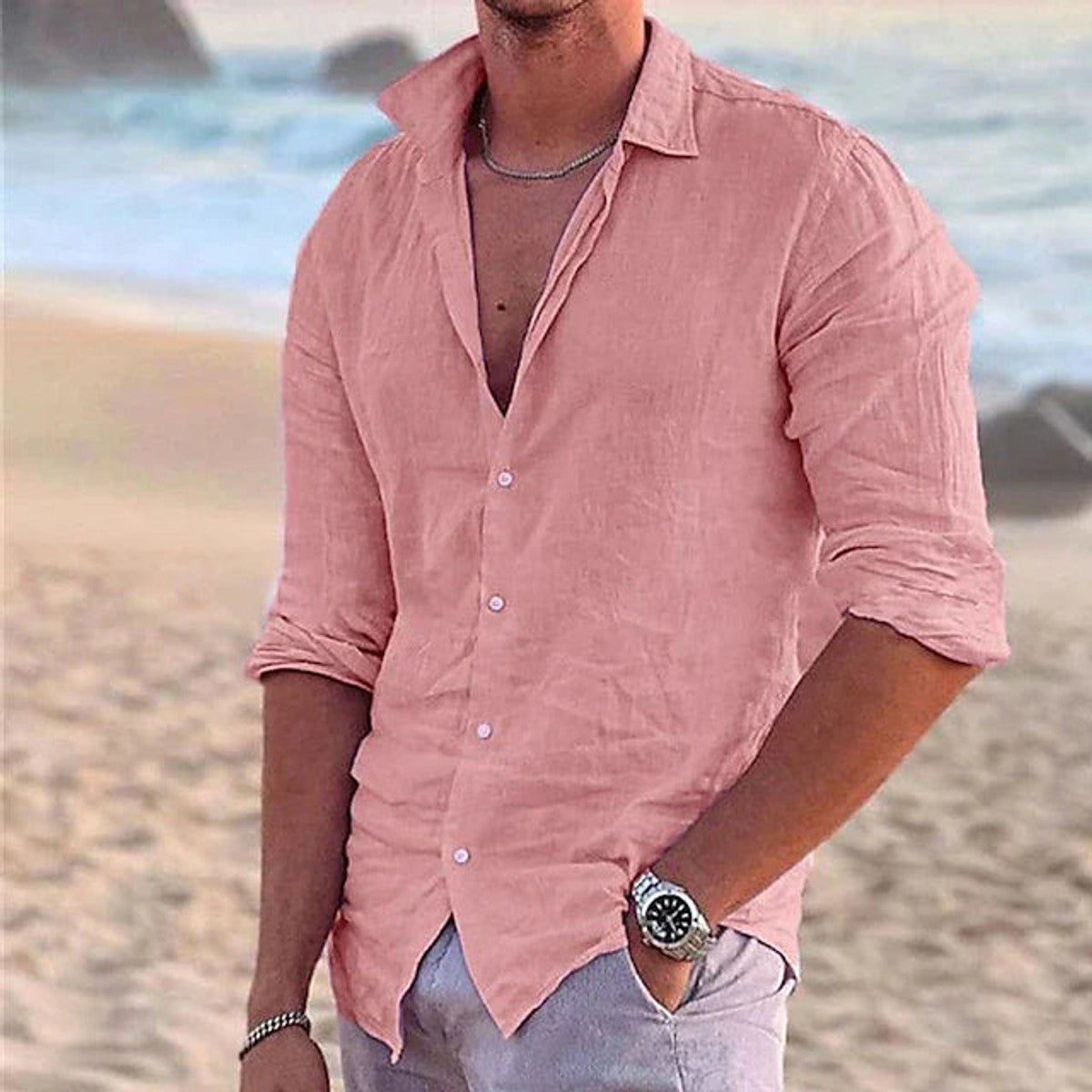linnen overhemd heren casual in roze voor heren