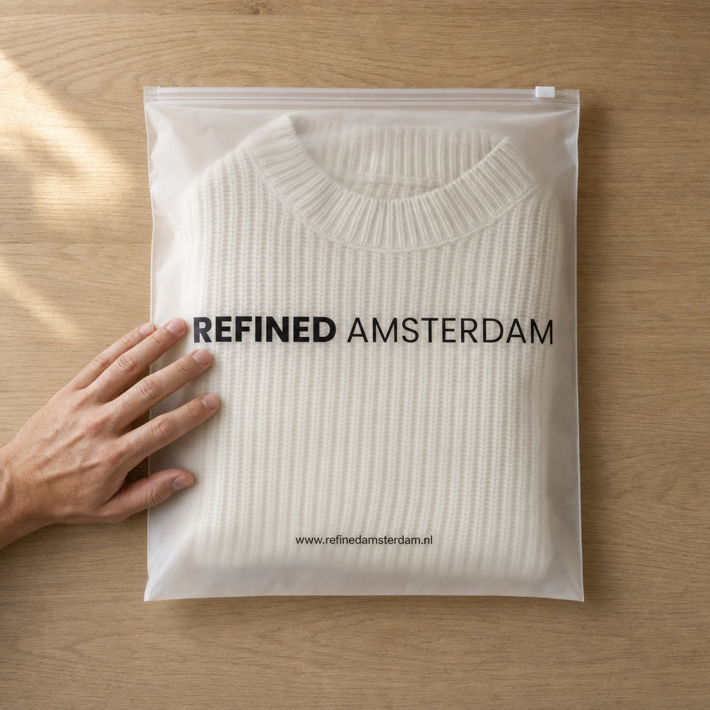 Verzendzak van Refined Amsterdam met een gebreide trui erin
